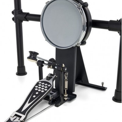 Pedal de bumbo para bateria eletrónica com superfície cinza e estrutura preta