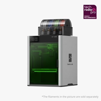 Impressora 3D Bambu Lab H2S com filamentos coloridos no compartimento superior e selo tech radar pro
