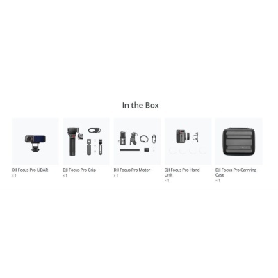 Conjunto de produtos DJI Focus Pro com texto 'In the Box' e fundo branco