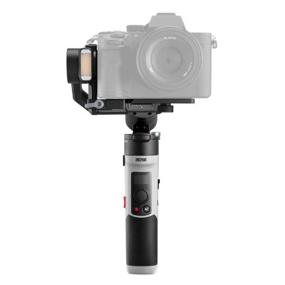 Estabilizador portátil para câmera com pega preta e corpo branco