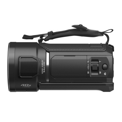 Câmara de vídeo preta vista lateral com pega almofadada e botões de controlo.