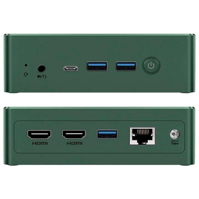Mini PC verde compacto com várias portas USB, HDMI, entrada áudio e botão ligar