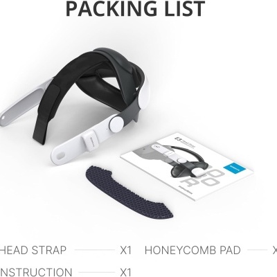 Conjunto de acessórios para capacete com correia preta, almofada colmeia e manual em fundo branco