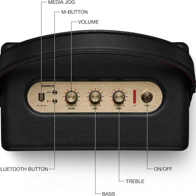 Aparelho preto com botões rotativos e texto de controlo no painel frontal