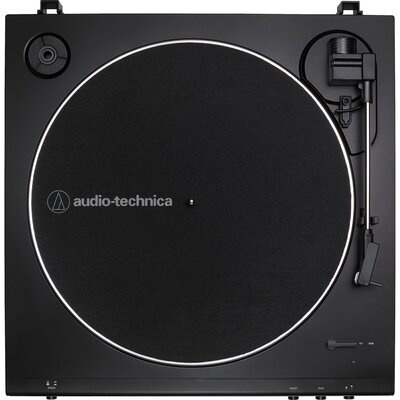 Gira-discos preto da marca Audio-Technica com base circular e braço