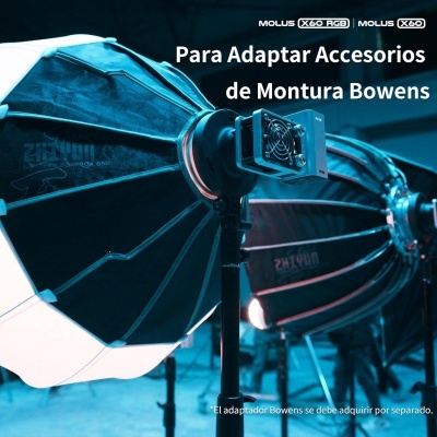 Guarda-chuvas fotográficos pretos em tripés com texto em espanhol sobre adaptação de acessórios Bowens.