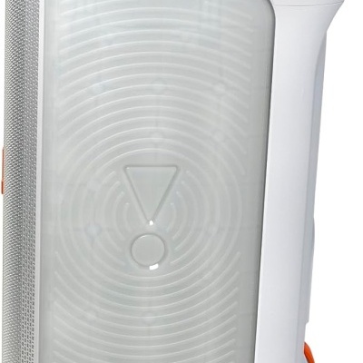 Coluna portátil branca com detalhes cinza e laranja e botoes na parte superior