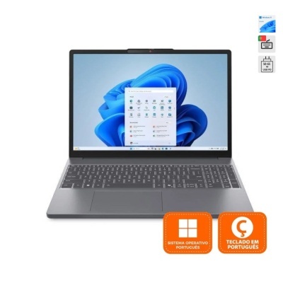 Portátil cinzento com teclado português e interface Windows 11