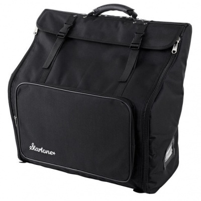 Mala preta de tecido sintético com bolso frontal e alça acolchoada