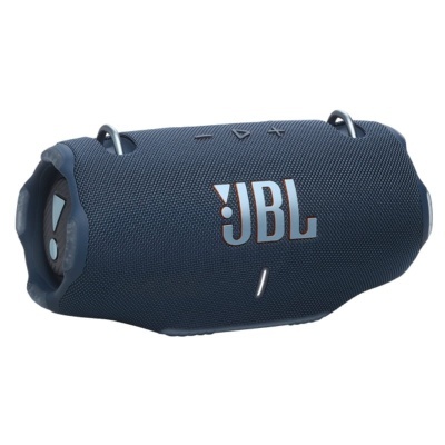 Coluna portátil JBL azul escuro com logotipo visível e textura de malha têxtil
