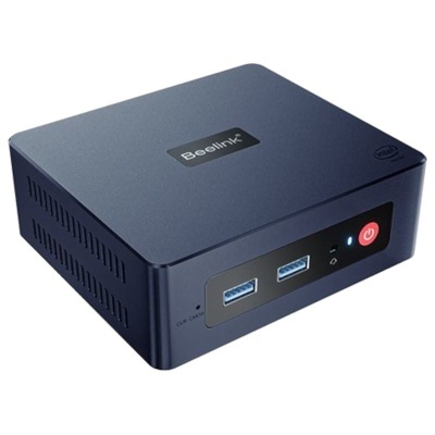 Computador miniatura preto Beelink com portas USB e botão de ligar