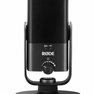 Microfone preto RØDE com suporte redondo e botão frontal