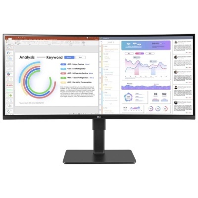 Monitor ultrawide LG com gráficos coloridos e interface de software em ecrã