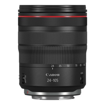 Objetiva fotográfica Canon 24-105 preta com detalhes em vermelho e branco