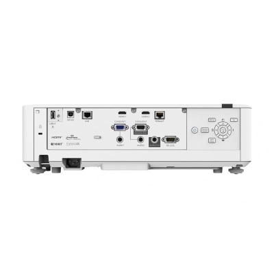 Parte traseira de projetor branco com portas HDMI, USB, LAN, VGA, áudio e botões