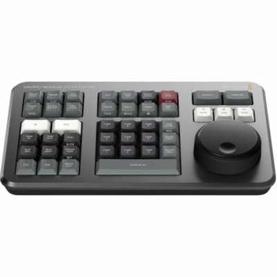 Teclado compacto cinza com teclas variadas e botão giratório preto