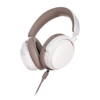 Auriculares over-ear bege e branco com cabo