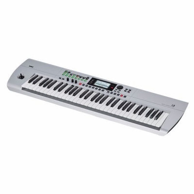 Teclado de piano digital branco com visor e botões coloridos