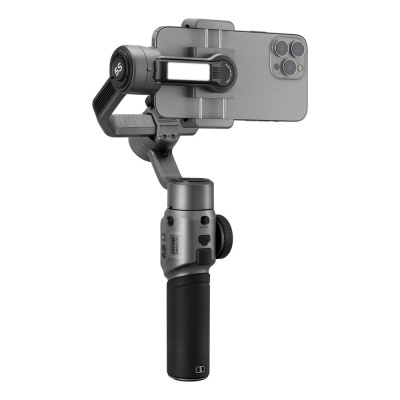 Gimbal estabilizador preto com smartphone cinza