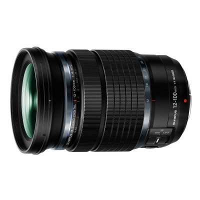 Objetiva Olympus M.Zuiko Digital ED 12-100mm f4.0 IS PRO preta com anel texturizado e interruptor