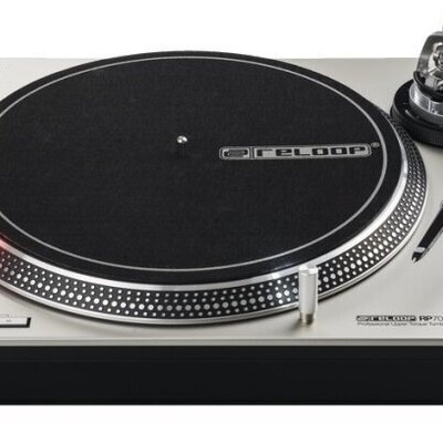 Toca-discos DJ TECH-LAB em metal e preto com luz vermelha