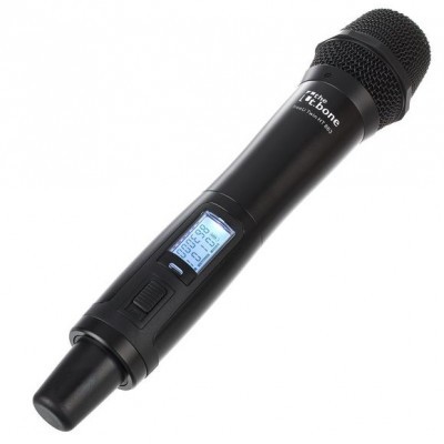 Microfone wireless preto com visor digital azul e botão de ligar/desligar