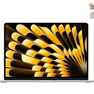 Computador portátil prateado com ecrã grande e imagem abstrata amarela e preta