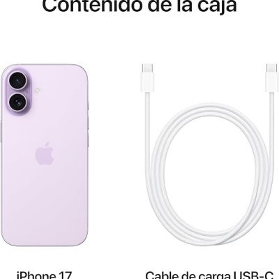 iPhone 17 lilás e cabo de carga USB-C branco com textos em espanhol