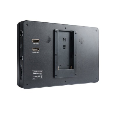 Monitor preto com portas HDMI e suporte na parte traseira