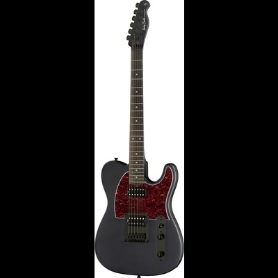 Guitarra elétrica cinza com escudo vermelho e braço escuro