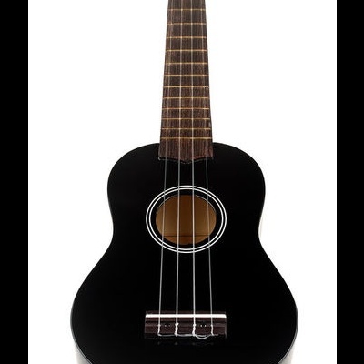 Ukulele preto com cordas e tarraxas brancas