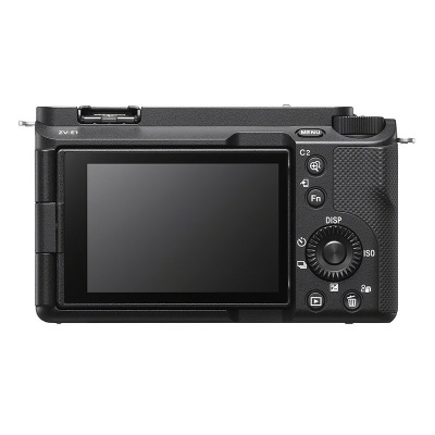 Parte traseira de uma câmara digital preta com ecrã LCD e botões de controlo