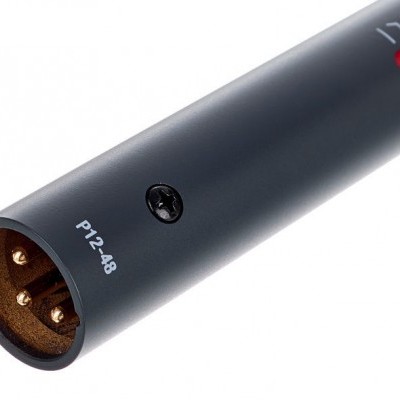 Microfone preto com ficha XLR dourada e controle deslizante vermelho