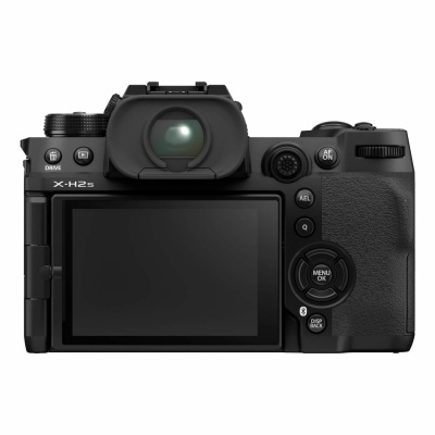 Câmara digital preta Fujifilm X-H2S vista de trás com ecrã desligado e botões visíveis