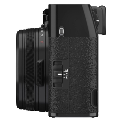 Câmara fotográfica preta vista de lado com lente