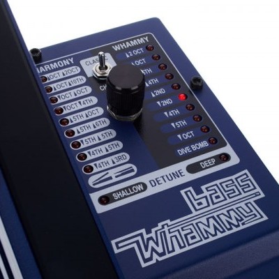 Pedal de efeitos de guitarra azul escuro com texto e controle rotativo