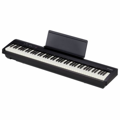 piano digital preto com 88 teclas e suporte para partituras