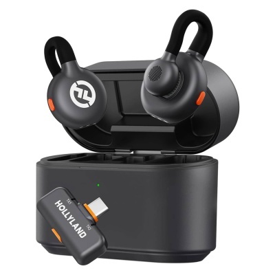 Auscultadores wireless pretos com estojo de carregamento e adaptador USB preto.