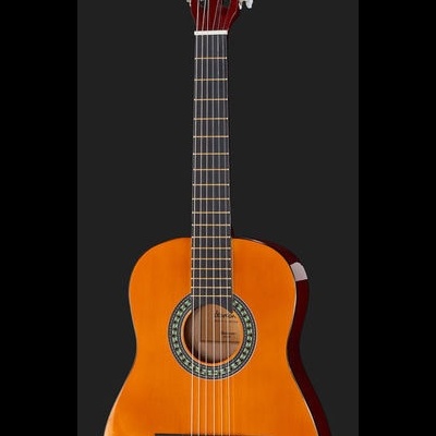 Guitarra clássica laranja com braço castanho e fundo preto