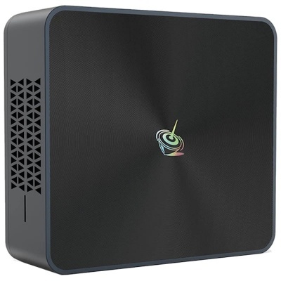 Unidade de computador preta com grelha lateral e logótipo colorido