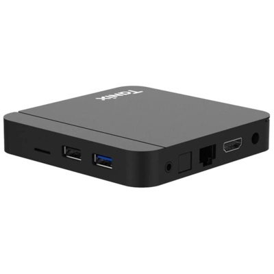 Mini computador preto com várias portas e logótipo TOMI+