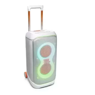 Coluna de som portátil JBL Partybox 310 branca com LEDs coloridos e alça telescópica laranja