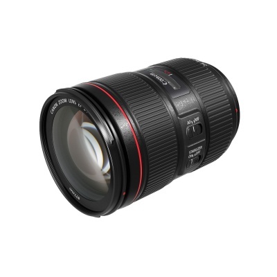Objetiva Canon Zoom Lens EF 24-105mm preto com detalhes vermelhos e anéis texturizados