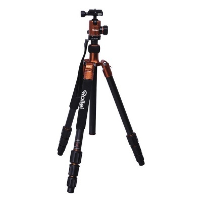 Tripé Rollei preto com detalhes em bronze e alça preta com logo