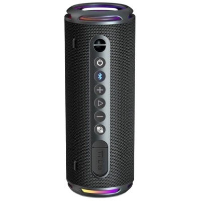 Coluna portátil preta cylindrical com botões e luzes LED coloridas