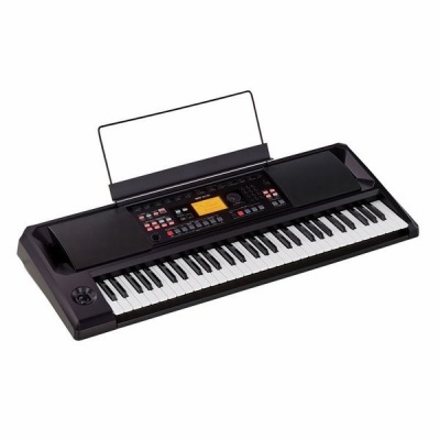 Teclado musical electrónico preto com teclas e ecrã LCD amarelo
