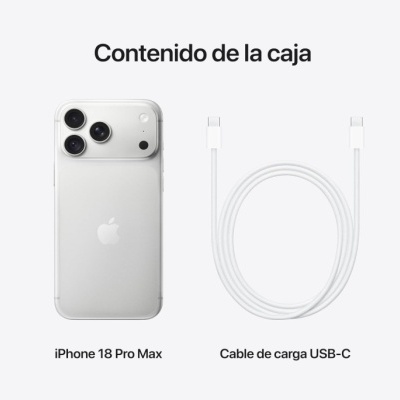iPhone 18 Pro Max prata e cabo de carga USB-C branco