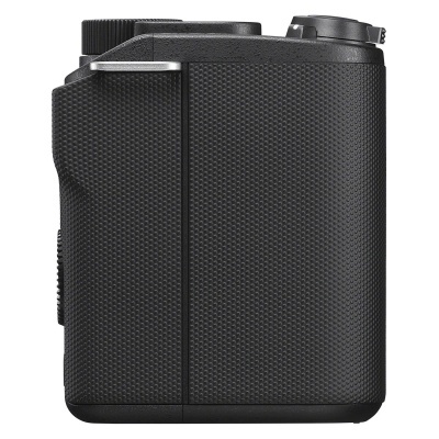 Câmara fotográfica preta com textura antiderrapante vista de lado