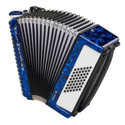 acordeão azul com texto WELTMEISTER na lateral