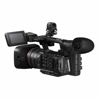 Câmara de vídeo profissional Canon preta com visor LCD articulado e microfone